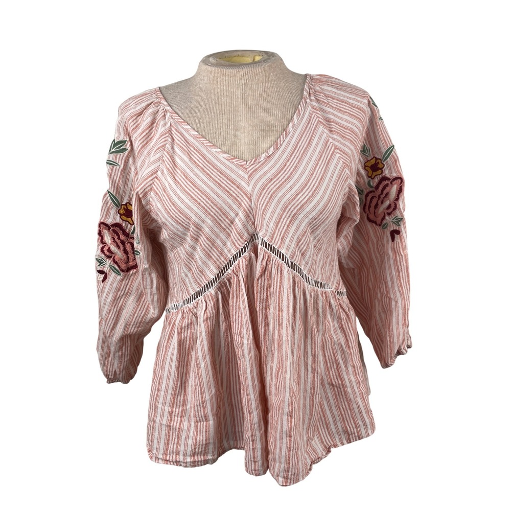 Easel Los Angeles Striped Floral Embroidered Babydoll Top Small Terracotta
